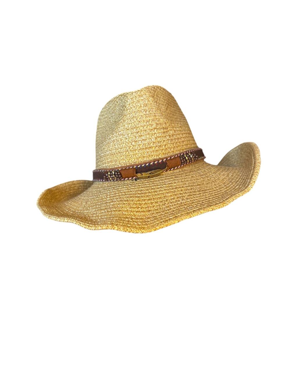 Jeanne Simmons Womens Western Cowboy Hat Paper Straw Wide Brim Beaded Band OS